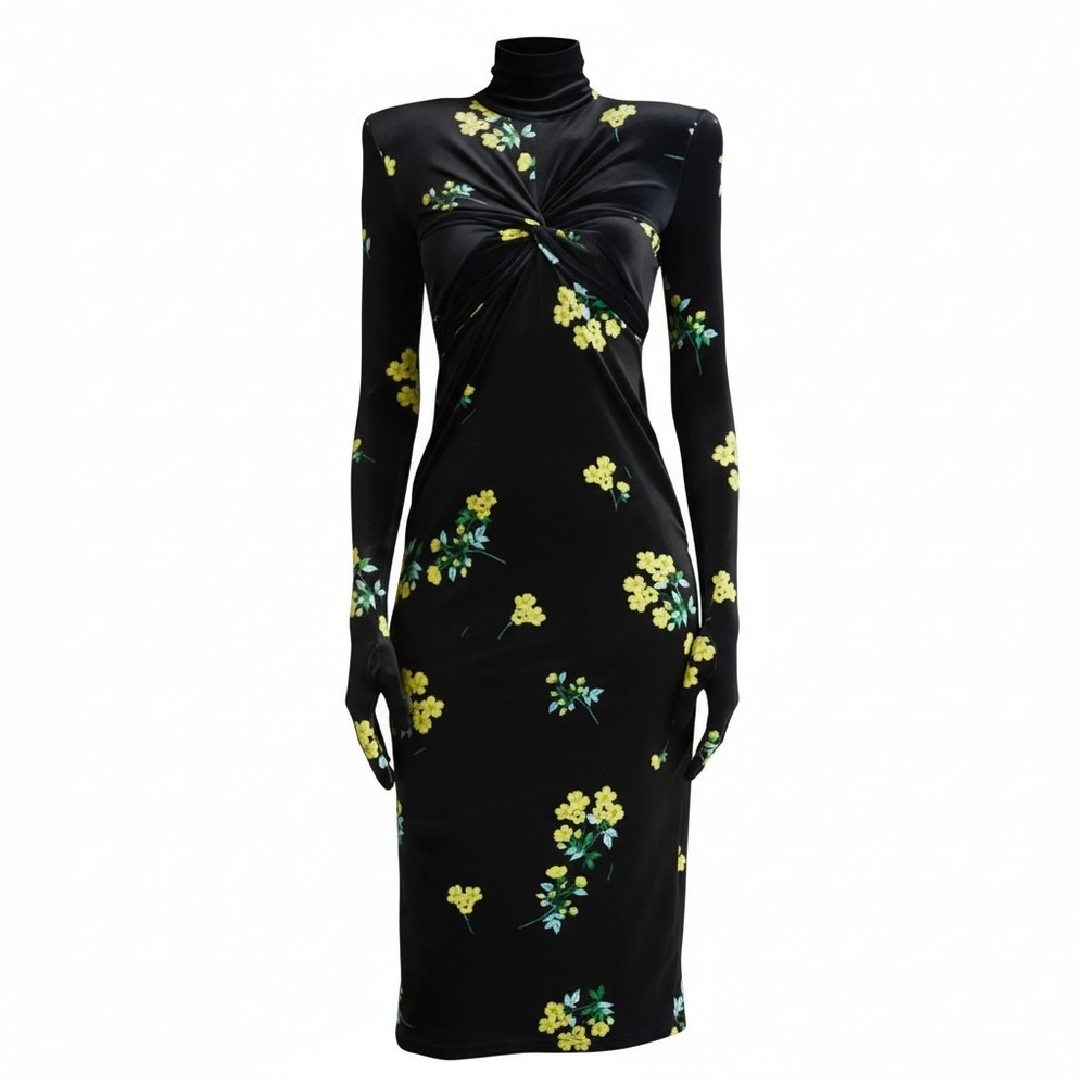 Richard Quinn Black Velvet Floral Glove Sleeve Turtleneck Midi Dress Made in‎ UK